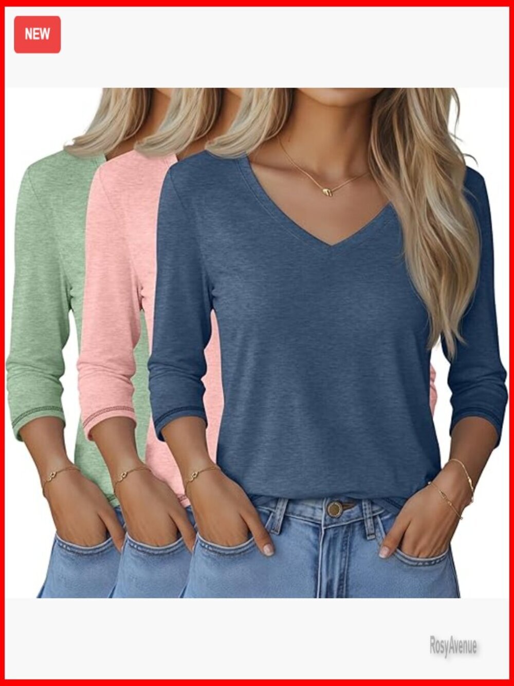 3 Pack 3/4 Sleeve V Neck Loose Fit T-Shirts for Women Casual Blouses Tees